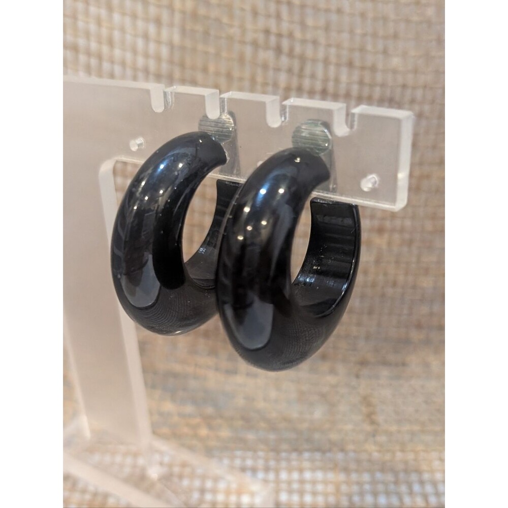 Vintage Black Chunky Hoop Clip-On Earrings Mod Retro Plastic Lightweight